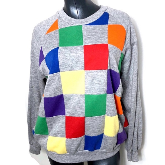 Vintage Sweaters - Vintage Rainbow Checkered  Pattern Sweater